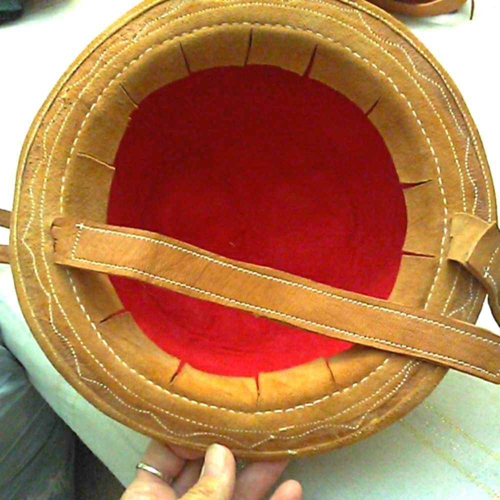 ANTIQUE/ VINTAGE LEATHER BOWLER HAT HANDMADE W/ STRAP ADJ. DECORATIVE BRIM - Picture 11 of 15